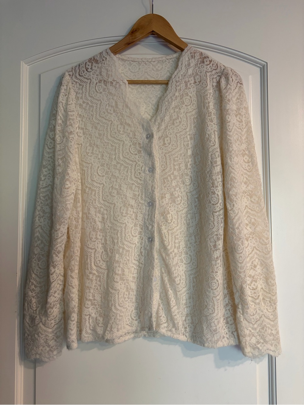 Women's Ivory Lace Casual Button Down Blouse Feminine Top